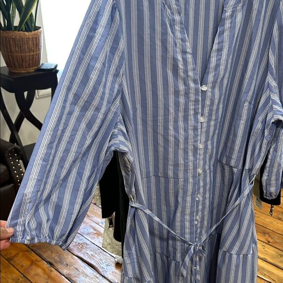 2X Plus size Fred David Blue and White Striped Midi Dress button down 3/4 - Picture 4 of 5